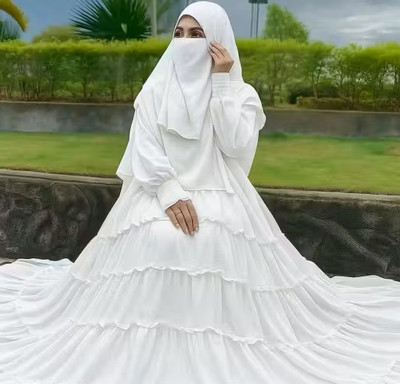 Uc enterprises Cotton Blend Self Design Abaya With Hijab(White)