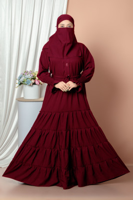 Tanjila Fashion Cotton Blend Solid Abaya With Hijab(Maroon)