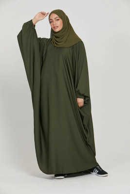 MODEST CITY Crepe Self Design Abaya With Hijab(Green)