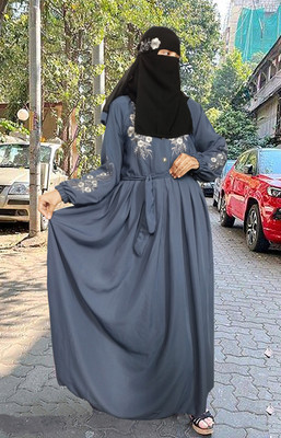 Buraque Designer Polyester Solid Abaya With Hijab(Grey)