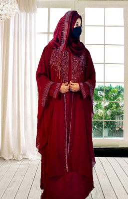 Buraque Designer Nida Matte Self Design Abaya With Hijab(Maroon)