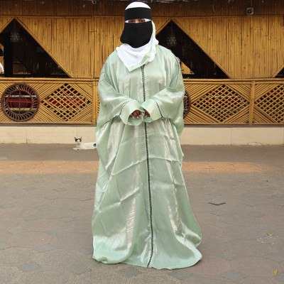 Hadi Collection Cotton Blend Self Design Abaya With Hijab(Green, White)