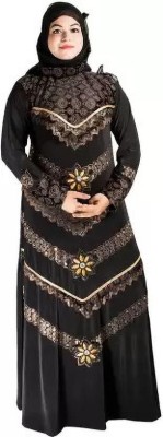 kalvine Polyester Self Design Abaya With Hijab(Black)