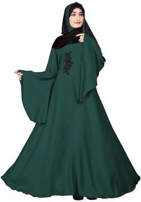 barakath Georgette Solid Abaya With Hijab(Green)