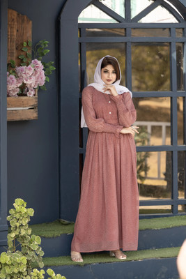 SARINKU Georgette Self Design Abaya(Pink)