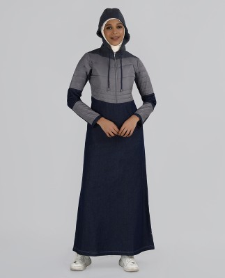 SILK ROUTE London Cotton Blend Solid Abaya(Blue)