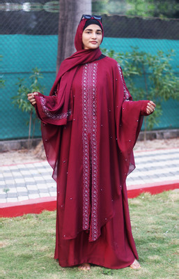 Buarque Designer Nida Matte Solid Abaya With Hijab(Maroon)