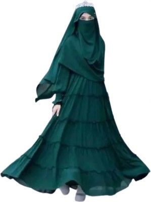 Dreamliners Cotton Silk Self Design Burqa With Hijab(Green)