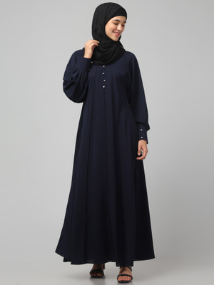 Zaafashion Crepe Solid Abaya With Hijab(Blue)