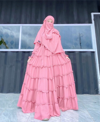 black rose Polyester Solid, Self Design Abaya With Hijab(Pink)