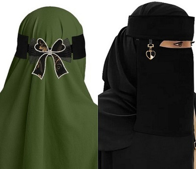 Madhvi Chiffon Striped, Self Design Naqab(Black, Green)