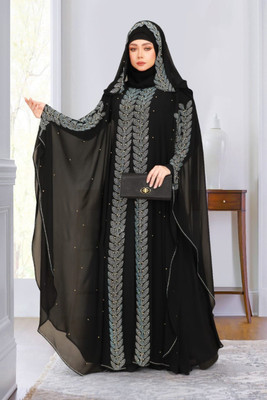 black rose Nida Matte, Georgette Solid, Self Design Abaya With Hijab(Black)