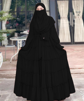 Dubai Collection Cotton Blend Solid Burqa With Hijab(Black)