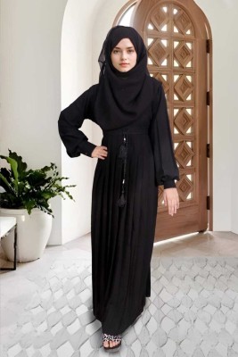 Muskan Fab Cotton Blend Self Design Abaya With Hijab(Black)