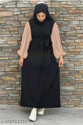 black rose Nida Matte Solid, Self Design Burqa With Hijab(Black, Beige)