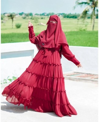 DC Cotton Blend Self Design Burqa With Hijab(Maroon)