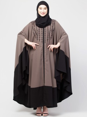 N4N Garments Crepe Self Design Abaya With Hijab(Beige, Black)