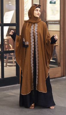 Buraque Designer Nida Matte Solid Abaya With Hijab(Brown)