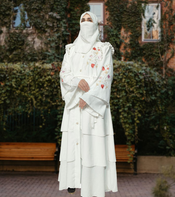 Buraque Designer Polyester Solid Abaya With Hijab(White)