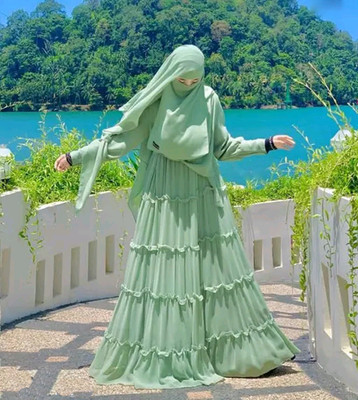 Buraque Designe Polyester Solid Abaya With Hijab(Green)