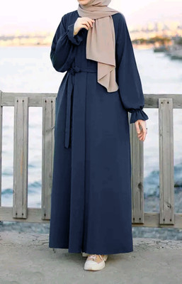 Buraque Designer Nida Matte Solid Abaya With Hijab(Blue)