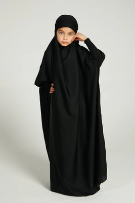 MODEST CITY Crepe Self Design Abaya With Hijab(Black)