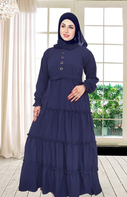 Buraque Designer Nida Matte Self Design Abaya With Hijab(Blue)