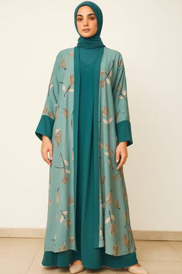 Ahmad HOUSE OF SHAPOSH Georgette Floral Print Abaya With Hijab(Green)