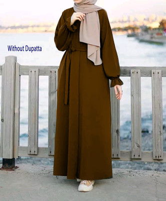 Buraque Designer Polyester Self Design Abaya With Hijab(Brown)