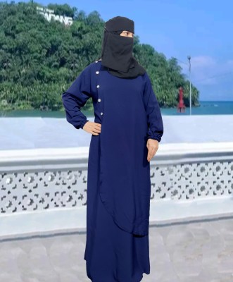 Burque Designer Georgette Solid Abaya With Hijab(Blue)