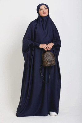 Enzoluxe Cotton Silk Solid Abaya With Hijab(Blue)
