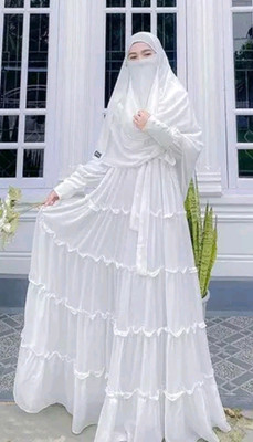 Buraque Designer Polyester Solid Abaya With Hijab(White)