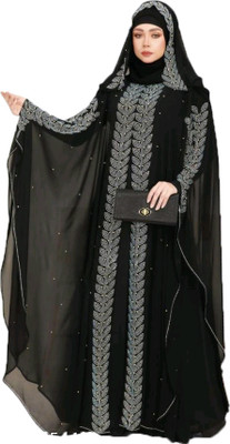 Buraque Dedigner Polyester Solid Abaya With Hijab(Black)