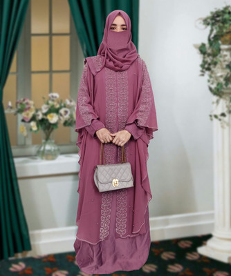 Buraque Designer Polyester Solid Abaya With Hijab(Pink)