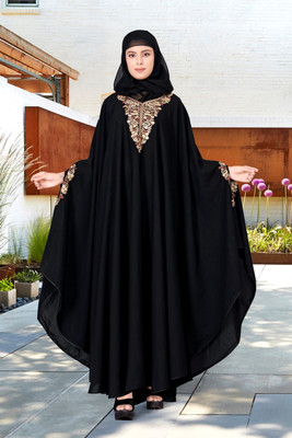 AMBAJI FASHION Crepe Solid Abaya With Hijab(Black)