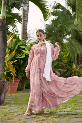 bhavyata Georgette Self Design Abaya(Pink)