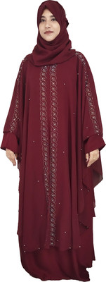 Buraque Designer Nida Matte Self Design Abaya With Hijab(Maroon)