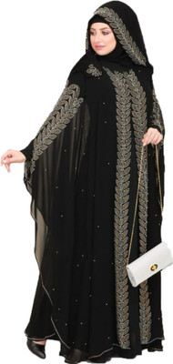 Emaan Outfit Nida Matte, Cotton Blend Self Design, Solid, Houndstooth Abaya With Hijab(Black)