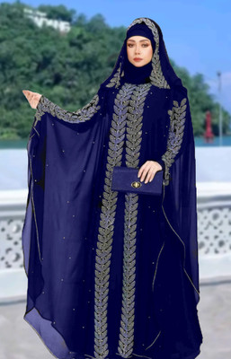 Buraque Designer Polyester Solid Abaya With Hijab(Blue)