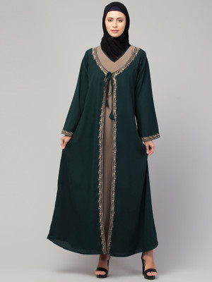 HIZFASON Nida Matte Solid Burqa With Hijab(Green, Beige)