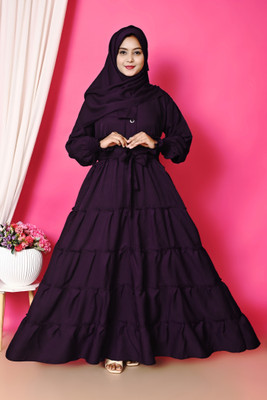 Ahil Dresses Cotton Silk Solid Abaya With Hijab(Purple)