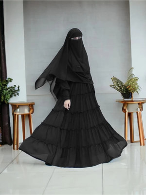DUBAIGALLERY Nida Matte Self Design Abaya With Hijab(Black)