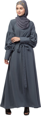 HIJAB WORLD Nida Matte Solid Abaya With Hijab(Grey)