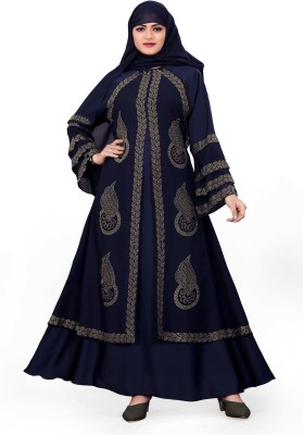 burqa for gir;s and woman with stone work Crepe Self Design Burqa With Hijab(Blue)