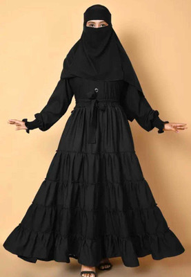 HOC Cotton Blend Solid Abaya With Hijab(Black)