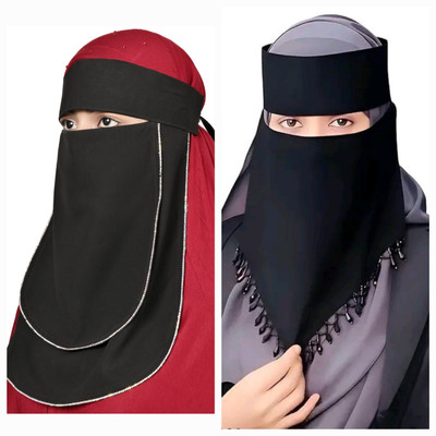 ASEMPORIUM Chiffon Solid Naqab With Hijab(Black, Black)