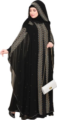 Buraque Designer Nida Matte Self Design Burqa With Hijab(Black)