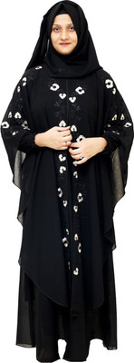 AAFASHIONHOUSE Georgette Self Design Burqa With Hijab(Black)