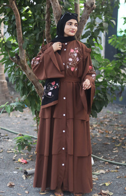 Buraque Designer Polyester Solid Abaya With Hijab(Brown)