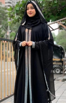 black rose Nida Matte Solid, Self Design Abaya With Hijab(Black)